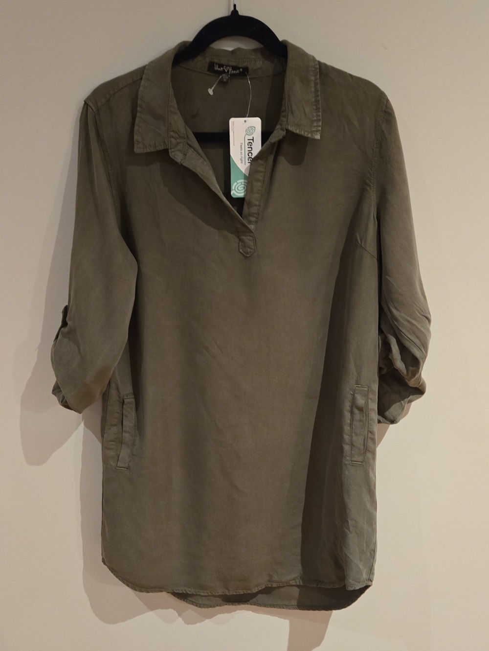 Velvet Heart Lightweight Olive Green Roll-Sleeve Tunic Dress In Tencel Size M